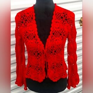 Peruvian alpaca red handmade crocheted cardigan M